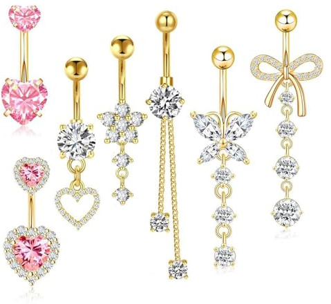 Belly Button Bars Stainless Steel 14G Dangly Navel Piercing Jewelry Set | Belly Bar, Silver Gold Blue Pink, Flower Butterfly Heart Design, Women Girls Body Jewelry, 14G Navel Bars, Dangly Belly Rings