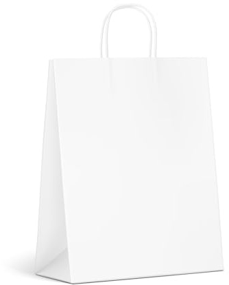 Inoverse 50 stycken papperspåsar med handtag, 22 x 10 x 28 cm, presentpåsar med papperssnöre, kraftpapperspåsar, vita presentpåsar, små papperspåsar för shopping, gör-det-själv adventskalender