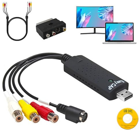 USB 2.0 Audio Video Grabber, VHS Digitalizar, Mini DV Reproducción de Casetes de vídeo Dispositivo para PC y Mac, Convertidor analógico a digital para VHS/DVD/VCR, compatible con Windows 11/10/8/7