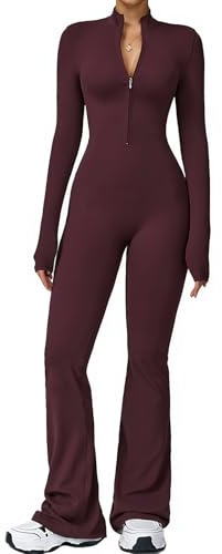 ECUPPER Womens Long Sleeve Yoga Jumpsuit Zip Up Gym Unitard Full Length Bodysuit Flared One Piece Romper Wine Red S