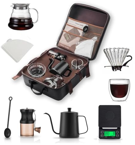 URCheers Juego de café hecho a mano de 8 piezas, molinillo de café multifuncional portátil, juego de herramientas para preparar a mano, accesorios completos para amantes del café, para interiores y