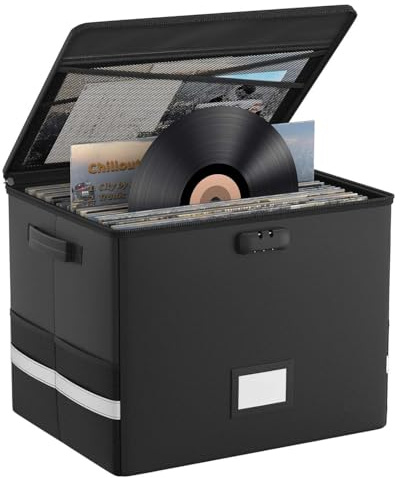 Caja de almacenamiento para discos de vinilo, resistente al fuego, con asas y cerradura con tapa para hasta 100 discos de vinilo, plegable para guardar álbumes valiosos