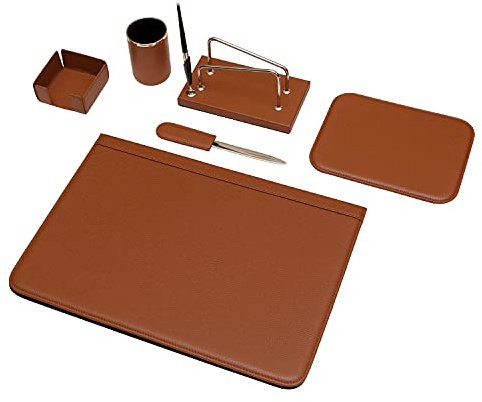 Set da Scrivania 6 Pezzi - 100% Pelle Pieno Fiore - Fatto a Mano in Italia da Esperti Artigiani - Elegante e Funzionale, ideale per l'Ufficio - Cognac