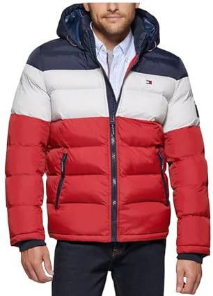 Tommy Hilfiger Men's Classic Hooded Puffer Jacket (Standard and Big & Tall), midnight/white/red, 3X-Large Tall