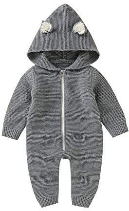 VICROAD Baby sparkdräkt pojkar dragkedja onesies nyfödd flickor tröja huva stickad jumpsuit kläder
