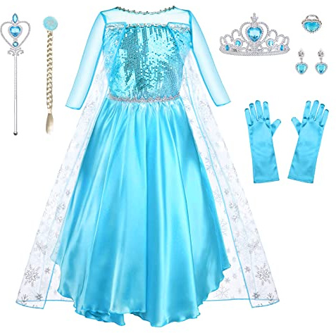 URAQT Vestido Princesa Niña, Disfraz Con Accesorios de Cosplay, Capa de Copos de Nieve Brillantes, Para Halloween Cumpleaños Carnaval, 110cm