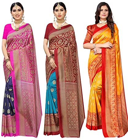 Yashika Combo Art Lot de 3 saris en soie avec chemisier Bleu marine Metro RAMA-MINALI Moutarde Multicolore Taille unique