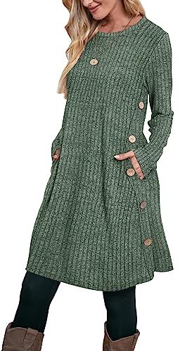 Aokosor Tunic Dress for Women Jumper Dress Ladies Long Sleeve Dress with Pockets Side Buttons Ribbed Tops Size 18-20 Green, XL
