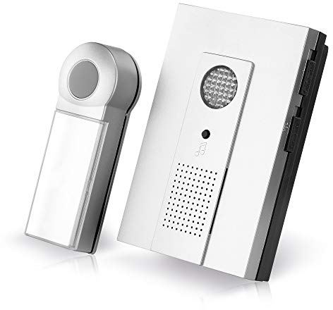 conecto Funk-Türklingel Set, Taster und Klingel, 100 Meter Reichweite, 16 Klingeltöne, kabellos, batteriebetrieben, Silber