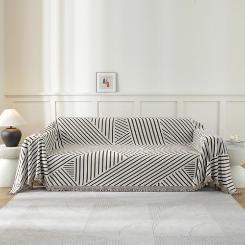 YSTELLAA Sofföverdrag 2-Sits, 180×280CM, Chenille Ab-Sidigt Överdrag För Hörnsoffa, Pet Soff Cover Överdrag, Sofföverkast Fläckbeständig Heminrednin, Sofföverdrag Med Tofs, Mörkt Kaffe-Line