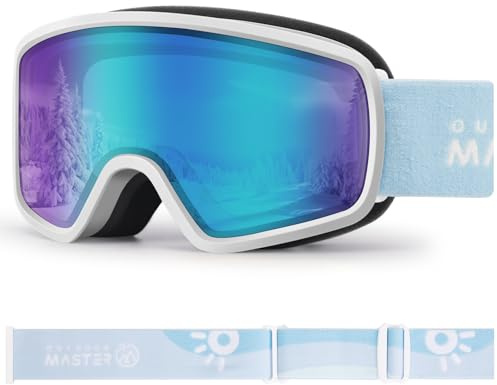 OutdoorMaster Kids Ski Goggles OTG Snowboard Goggles with 100% UV Protection Kids Snow Goggles for Boys Girls Toddler(WhiteFrame Vlt 18.3%+Revo IceBlue Lens)