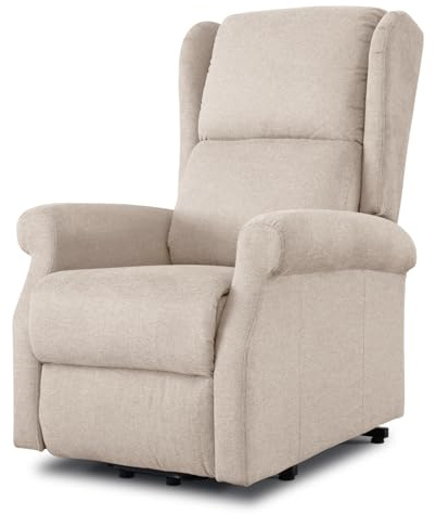 EVERGREENWEB - Poltrona Relax Elettrica con Sistema Alzapersona per Anziani con Bottone, Poltrona Reclinabile con Braccioli, Seduta Ergonomica in Tessuto Beige, per arredo Salotto Soggiorno Ufficio
