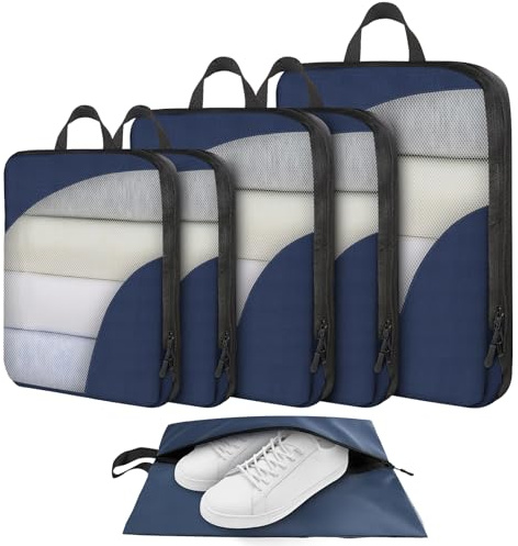 Compression Packing Cubes for Travel, Travel Packing Cubes Compression Set Expandable Packing Organiser Bags for Suitcase, Backpack, Luggage (Navy Blue-6pack)