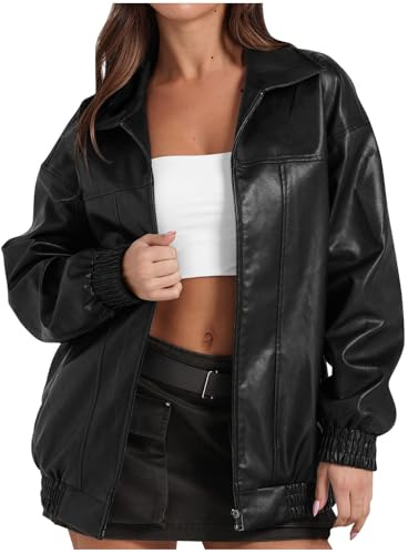 Flodxo Leather Jacket for Women UK Waterproof Bomber Jackets Oversized Baggy Faux Leather Coats with Pockets Winter Zip Up Motorcycle Coat Long Sleeve Y2K Streerwear Overcoat Outfits
