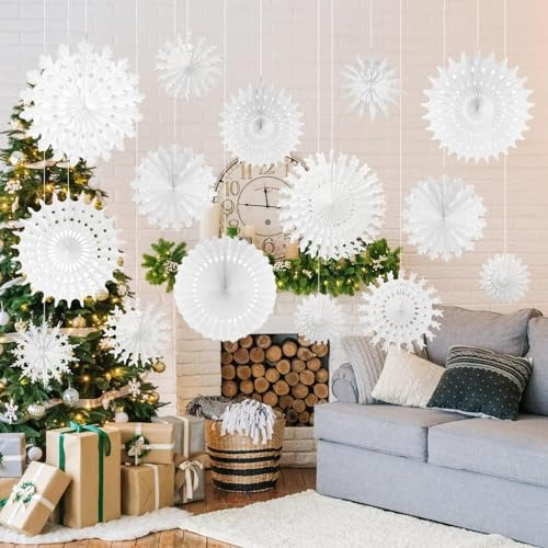 Vookkp 16 adornos de copos de nieve decorativos de Navidad blancos, adornos de copos de nieve, colgantes navideños de papel, 6 tamaños de copos de nieve para decoración de Navidad, colgantes para