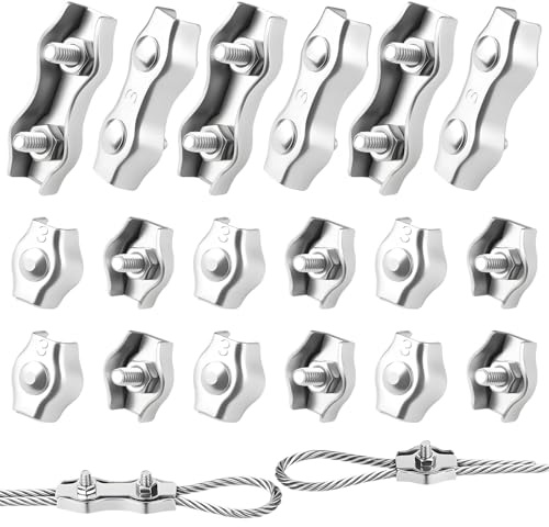 Juego de 18 abrazaderas de cable de alambre M3, 12 abrazaderas individuales y 6 pinzas dúplex para cables de acero de 3 mm, abrazaderas de cable resistentes a la corrosión para fijación de cuerda