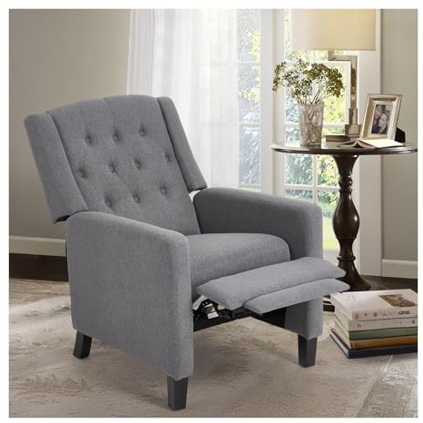 Warmiehomy Wing Back Recliner Chair Linen Fabric Lounge Recliner Armchair Reclining Chair with Solid Wood Legs for Living Room Bedroom (Grey)