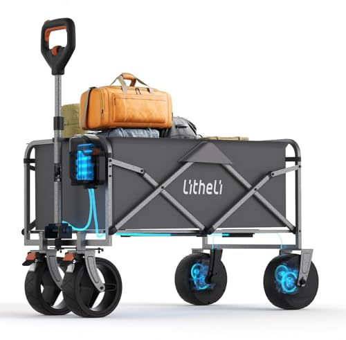 Litheli Carro de mano eléctrico plegable, carretilla plegable con motor y frenos, 100L 50KG adecuado para camping, jardín, playa, compras (Gris, W1 Go sin batería)