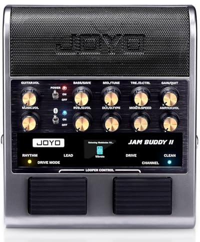 JOYO - Amplificador combinado de guitarra de 10 W portátil con pedal multiefectos – 14 modelos de amplificador, 3 bandas, 36 ritmos & Looper, grabación OTG, Bluetooth (Jam Buddy II, Gris)