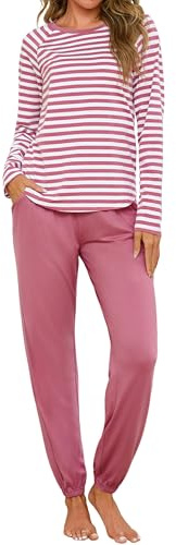 Uniexcosm Women's Pyjama Sets Cotton Long Sleeve Pjs for Women Soft Striped Top and Pants Sleepwear for Ladies with Pockets Casual Loungewear S-3XL
