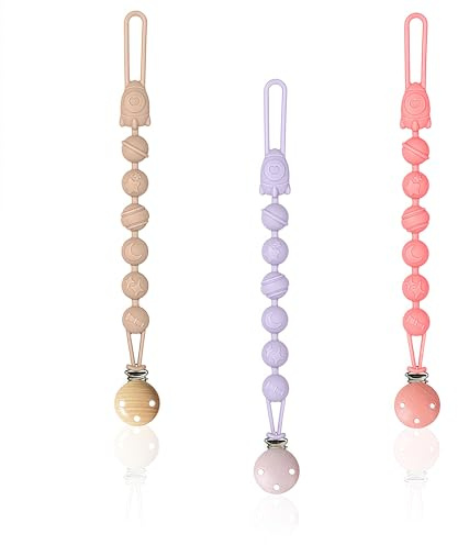 Vfrdsa 3Pcs Dummy Clip Soother Chains Pacifier Clips – Silicone One-Piece Design, Unisex Universal Fit for Most Dummies & Teethers, Safe for Newborns(Purple, Pink, Coffee Brown)