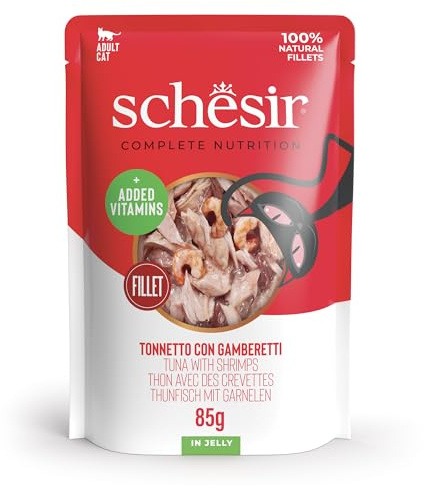 Schesir, Thon avec crevettes en gelée, Nourriture Humide complète pour Chats, en Sachet, 100% ingrédients naturels, sans cruauté, 12 x 85 g
