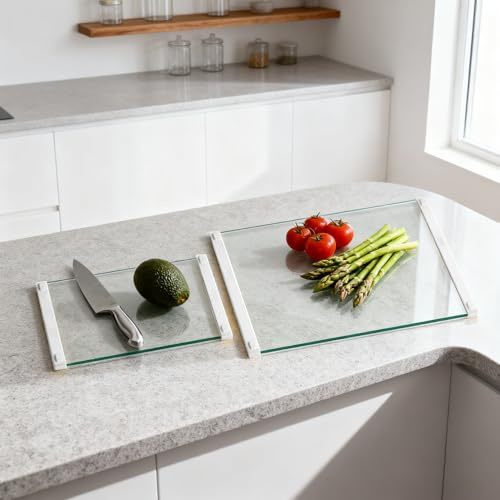 GlassCuisine Toughened Glass Chopping Board with Lip, Heat & Scratch Resistant Non-Slip Kitchen Worktop Saver, Food-Safe, Dishwasher Safe & Easy to Clean (White-C1)