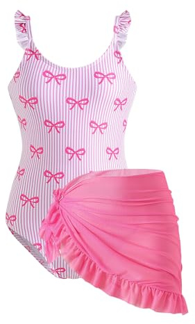Momkonzz Girls Swimming Costume Tween One Piece Swimsuit with Cover Up Dress Kids Striped Bows Swimwear for Summer Beach Pink 10T