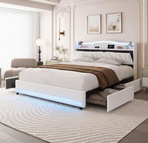 BRILVERDE Stoppsäng 160x200 med förvaringslåda, dubbelsäng med LED och USB, ungdomssäng med sänggavel, sängram med ribbotten, förvaringssäng, sammet (beige, 160 x 200 cm)
