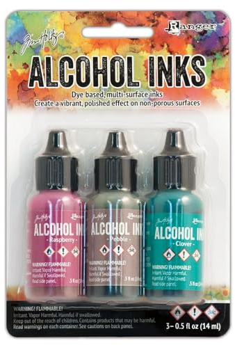 Ranger Tim Holtz Alcohol Ink .5oz 3/Pkg, Valley Trail-Raspberry/Pebble/Clover, 5.75 x 3.88 x 1