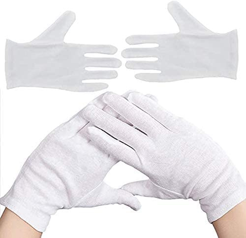 JKG® 2 pares de guantes dermatológicos blancos 100% algodón, forro elástico grueso, tamaño mediano y grande, 1 talla para todos los guantes, guardia, desfile, joyas, foto de película, inspección de