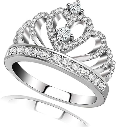 Sdouefos Princess Queen Crown with Cubic Zirconia Rings Eternity Heart-Shaped Promise Ring Zircon Jewelry for Women (8)