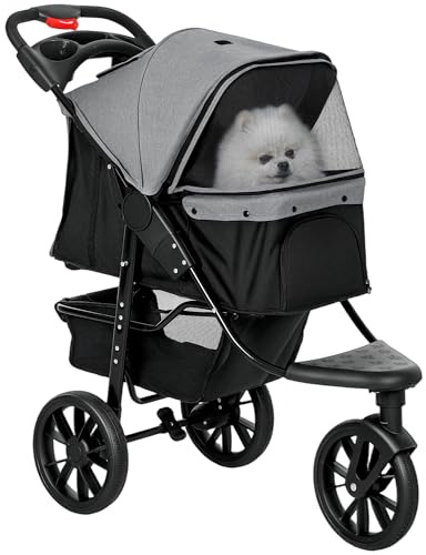 PawHut 2 in 1 Passeggino per Cani Pieghevole a 3 Ruote con Freno, Cestino Portaoggetti e Porta Bottiglia, in Acciaio e Oxford, Grigio e Nero, 109.5x57.5x106.5cm