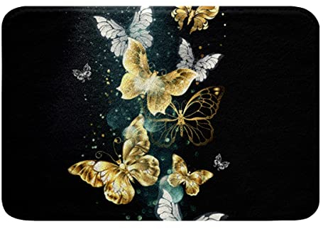 Schmetterling Badematte 50x80cm Gold und Weiß Schmetterlinge Badteppiche Fliegend Tier Muster rutschfest Badezimmerteppich Schwarz Luxus Weich Zottelig Wohnzimmer Küche Badvorleger Home Dekor