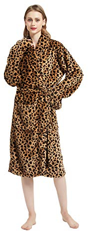 DREAMLANDING Bedruckter Bademantel Damen Frottee, 100% Flanell, Kuschelfleece Bademäntel, Leopard, One size