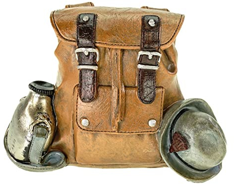 Kremers Schatzkiste Spardose Rucksack braun 16 cm Polyresin Sparschwein wandern Urlaub Berg