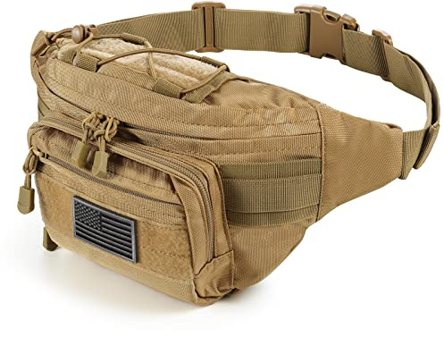 SOWHUP Tactical Fanny Pack,Military Waist Bag Pack with U.S Patch Utility Hip Belt Bumbag for Outdoor Fishing Hiking (Tan(4 Zipper Pockets))