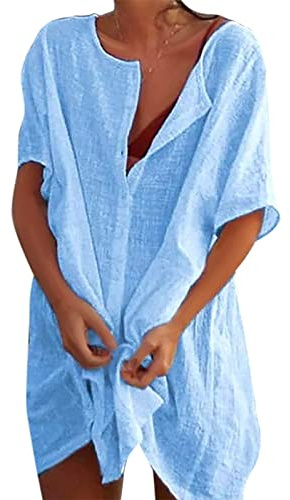 RITOSTA Skjortor Dam Lång Strandklänning Sommar Lös Bikini Skjorta Täcker Upp Stranddräkt Dam Strandklänning Avslappnad Blus Camisoler Lös T-shirts Pareos Enfärgad