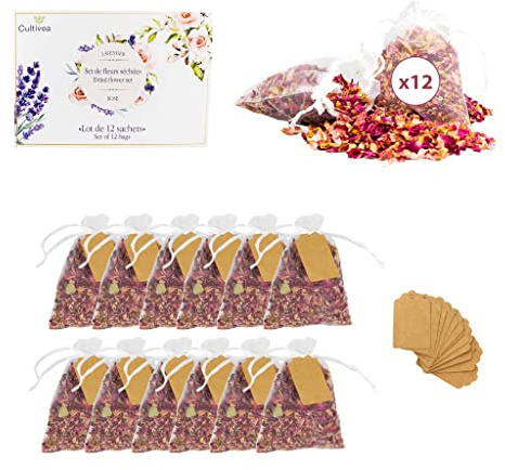 CULTIVEA® 12 påsar med naturliga torkade blommor – rosor, blommor för bröllop, födelsedag, fest, bröllopsdekoration, konfetti, ljus och hartser, torkade rosenblad