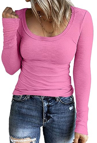 TrendiMax Maglie Donne Manica Lunga Scoop Girocollo Maglia Sexy Maglietta Elegante Jersey Basic T-Shirt Top Rosa Rossa XL