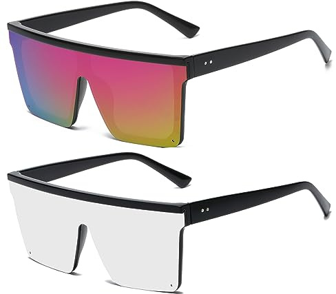 Long Keeper Stora fyrkantiga solglasögon för kvinnor män ramlösa solglasögon överdimensionerade glasögon mode platt topp skydd UV400, 60 mm, Svart rosa + svart silver, 60 mm