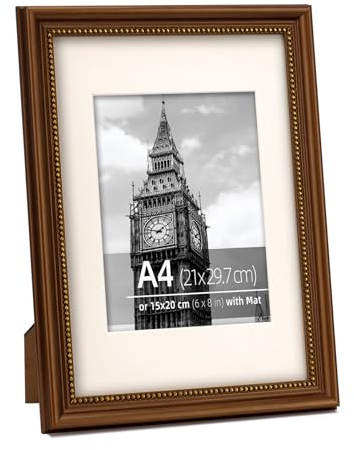 Eitida A4 Real Wood Vintage Picture Frame, Ornate Gold Beaded Inner, Passe-partout for A5 (15x21 cm) Photo, Fine Art or Document, Vertical or Horizontal Display, Brushed Dark Brown