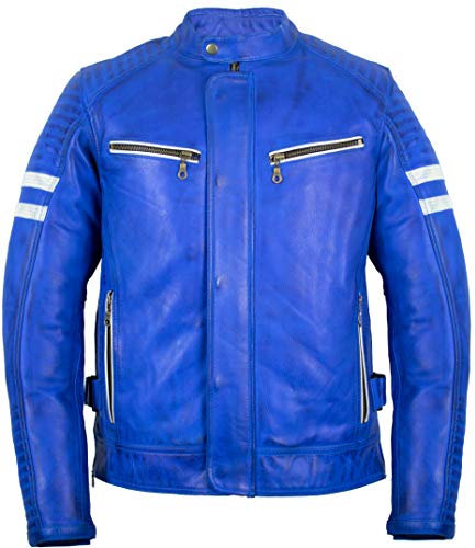 MDM Veste de moto en cuir de vachette avec protections pour homme, bleu, M