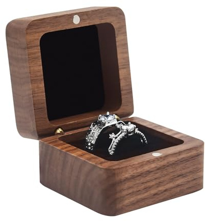 Wooden Ring Box for Wedding Ceremony 2 Slots,Small Square Solid Wood Double Ring Holder Case Box,Vintage Ring Bearer Box for Engagement Proposal,Rustic Jewelry Gift Storage Box-Black