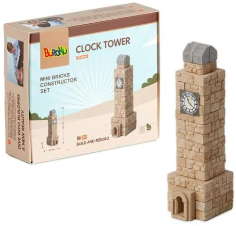 Buroku - Kit Costruzione Medievale 80 Pezzi | Torre Orologio Realistico | Mattoni di Pietra | Incoraggia Apprendimento Stem e Abilità Motorie | per Bambini e Adulti | Include Colla