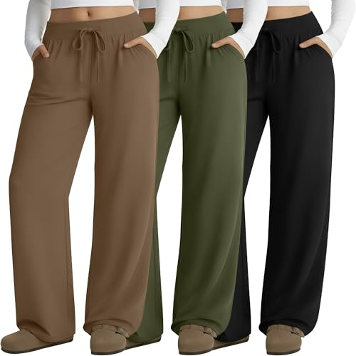 Neer Set da 3 Pantaloni da Lounge Grande Taglia per Donna Pantaloni da Yoga a Gamba Larga Ampi Jogger Casual(Nero, Verde Militare, caffè,4XL)