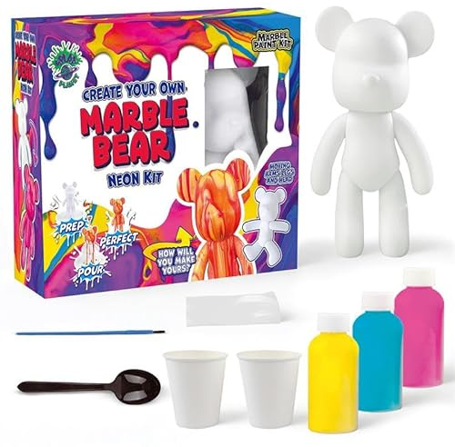 Splat Planet DIY Fluid Marble Bear Kit – Acrylic Paint Pouring Set for Kids & Adults | Drip Art Craft Kit & Creative Gift | Paint Your Own Marble Effect Bear (Neon Kit)