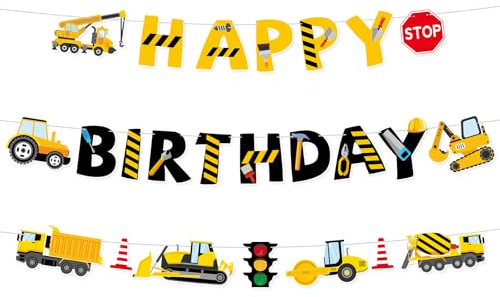 Construction Happy Birthday Banner, Pre-Strung Construction Themed Decorations Digger Excavator Truck Birthday Garland for Party Supplies