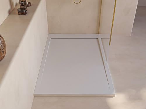 SOULBATH Plato de Ducha - Resina - Gel Coat - Textura Liso/Piedra - Antideslizante - Color Blanco Roto - 90x70- Extraplano 3cm. Incluye Válvula de desagüe - Diseño Minimalista
