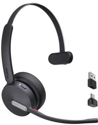 Yealink BH70 Mono Wireless Bluetooth Headset with Mic for Work, 3 Mic AI Noise Cancellation,35h Talk Time, USB Dongle, Microsoft Teams Certified Work Headsets for PC,Flip to Mute,50m Range for Office